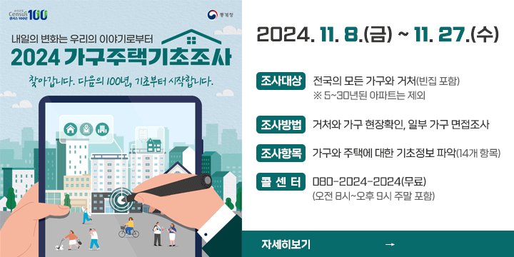 내일의 변화는 우리의 이야기로부터
2024 가구주택기초조사
찾아갑니다. 다음의 100년, 기초부터 시작합니다.

2024. 11. 8.(금) ~ 11. 27.(수)
- 조사대상 : 전국의 모든 가구와 거처(빈집 포함) ※ 5~30년된 아파트는 제외
- 조사방법 : 거처와 가구 현장확인, 일부 가구 면접조사
- 조사항목 : 가구와 주택에 대한 기초정보 파악(14개 항목)
- 콜센터 : 080-2024-2024(무료)(오전 8시~오후 9시 주말 포함)

자세히보기