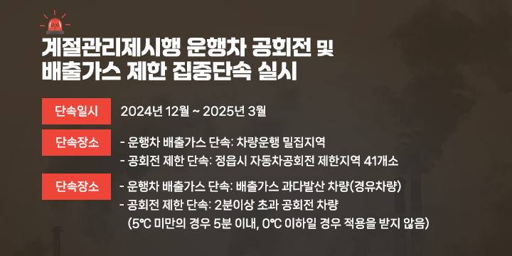 계절관리제시행 운행차 공회전 및 배출가스 제한 집중단속실시
○ 단속일시 : 2024. 12월 ~ 2025. 3월
○ 단속장소 
   - 운행차 배출가스 단속: 차량운행 밀집지역
   - 공회전 제한 단속: 정읍시 자동차공회전 제한지역 41개소
○ 단속 대상
   - 운행차 배출가스 단속: 배출가스 과다발산 차량(경유차량)
   - 공회전 제한 단속: 2분이상 초과 공회전 차량
      (5℃ 미만의 경우 5분 이내, 0℃ 이하일 경우 적용을 받지 않음)