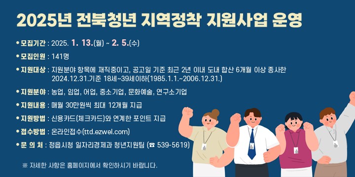 ❍ 모집기간 : 2025. 1. 13.(월) ~ 2. 5.(수)
 ❍ 모집인원 : 141명
 ❍ 지원대상 : 지원분야 항목에 재직중이고, 공고일 기준 최근 2년 이내 도내 합산 6개월 이상 종사한 2024.12.31.기준 18세~39세이하(1985.1.1.~2006.12.31.)
 ❍ 지원분야 : 농업, 임업, 어업, 중소기업, 문화예술, 연구소기업
 ❍ 지원내용 : 매월 30만원씩 최대 12개월 지급
 ❍ 지원방법 : 신용카드(체크카드)와 연계한 포인트 지급
 ❍ 접수방법 : 온라인접수(ttd.ezwel.com)
 ❍ 문 의 처 : 정읍시청 일자리경제과 청년지원팀 (☎ 539-5619)
※ 자세한 사항은 홈페이지에서 확인하시기 바랍니다.