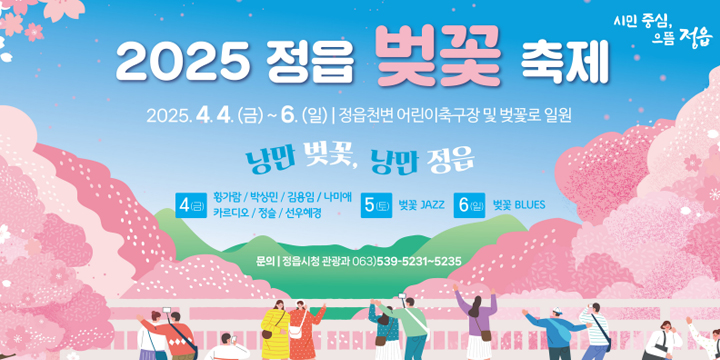 시민중심, 으뜸정읍
2025정읍 벚꽃축제
2025.4.4.(금)~6.(일) 정읍천변 어린이축구장 및 벚꽃로 일원
낭만 벚꽃, 낭만 정읍
4(금) 황가람/박상민/김용임/나미예/카르디오/정슬/선우혜경
5(토) 벚꽃 JAZZ
6(일) 벚꽃 BLUES
문의 : 정읍시청 관광과 063)539-5231~5235